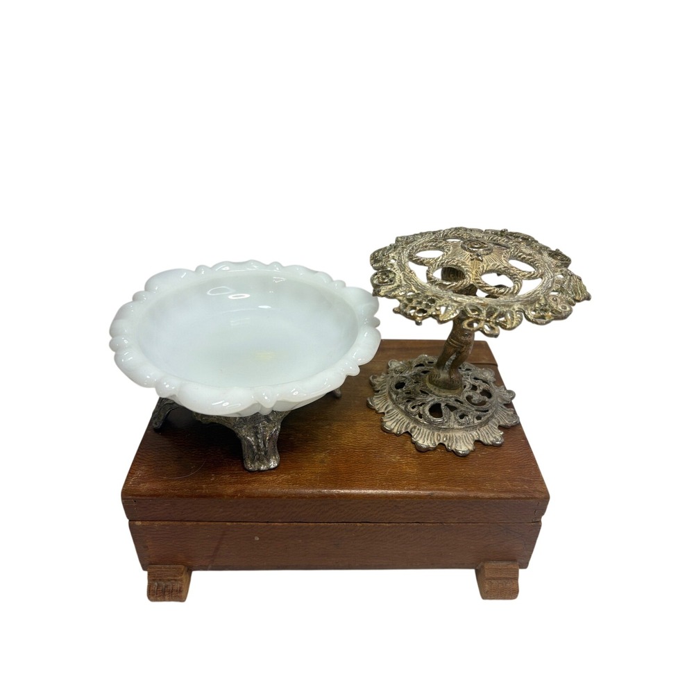 Milk Glass Trinket Dish and Cherub Lipstick Holder Vanity Set Gold Tone Vintage